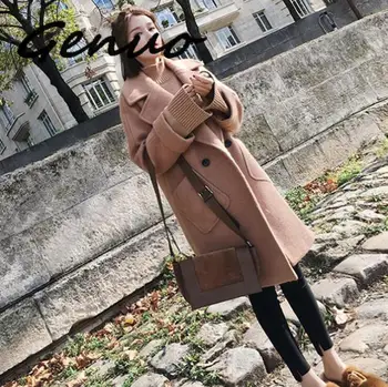 

Genuo New 2019 Office Lady Slim Women Long Wool Blend Coat Single Button Cashmere Jacket Turn-down Collar Ladies Coats