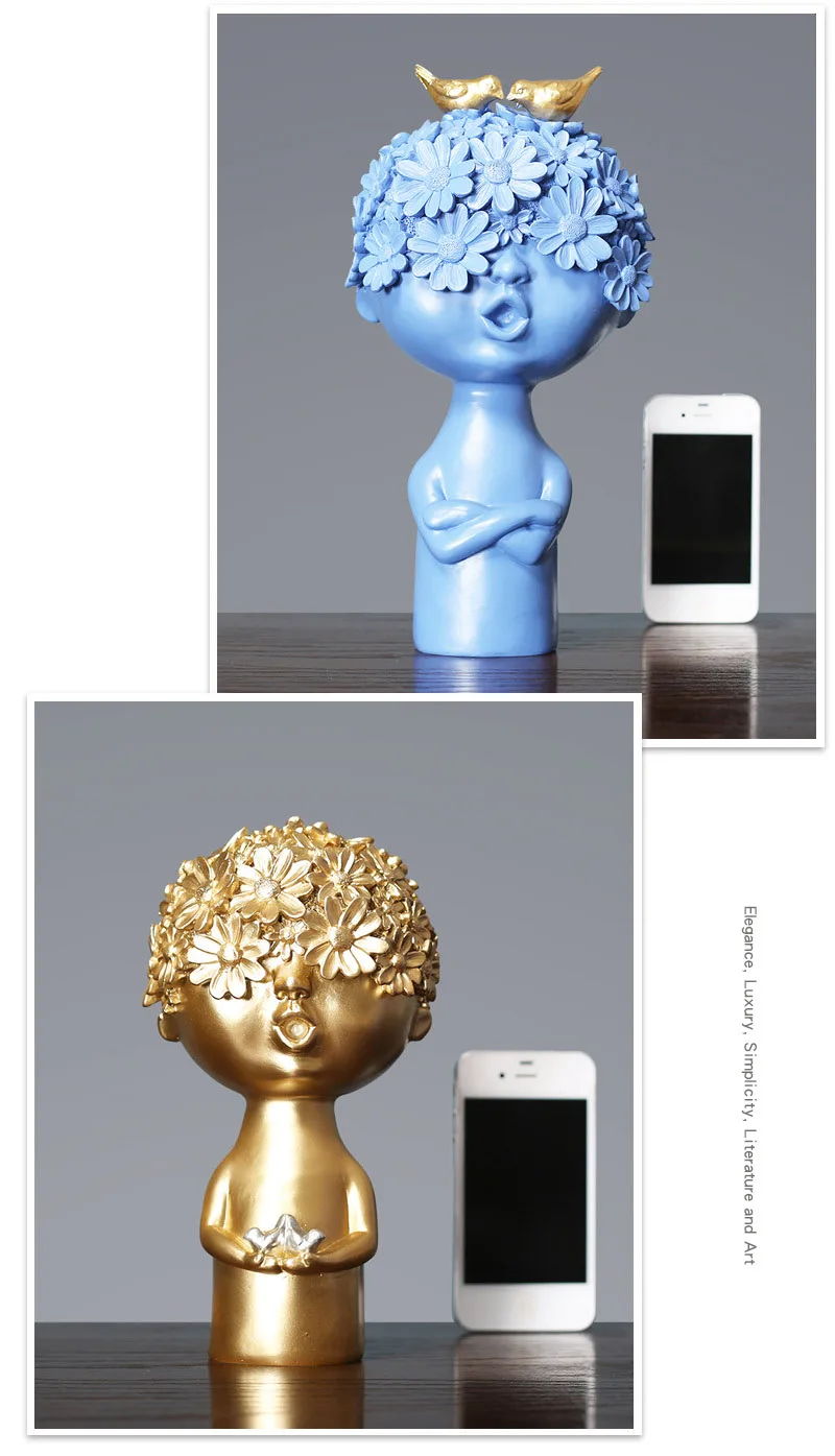 Kids Room Decorations Creative Boy With Bird Figurines Resin Little Bust Statue Kids Room Decor Accessories TV Cabinet Ornaments