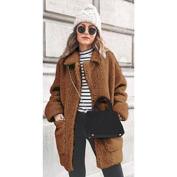 Зимнее женское пальто из искусственного меха, длинное однотонное пальто, новинка, повседневное пальто с длинным рукавом, Женская плюшевая Меховая куртка, верхняя одежда