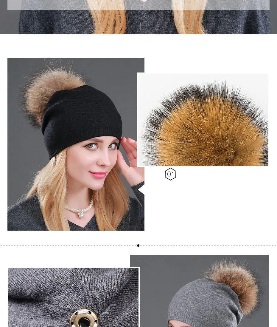 High Quality Women Dual layer Wool Knitted hats with big Real Fur Pompoms Warm Slouchy beanies hat ladies Fashion Skullies