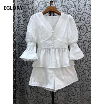 

High Quality Short Sets 2020 Summer Casual Beach Suits Women V-Neck Cut Out Embroidery Cotton Tops Blouse+White Short Sets 2 Pcs