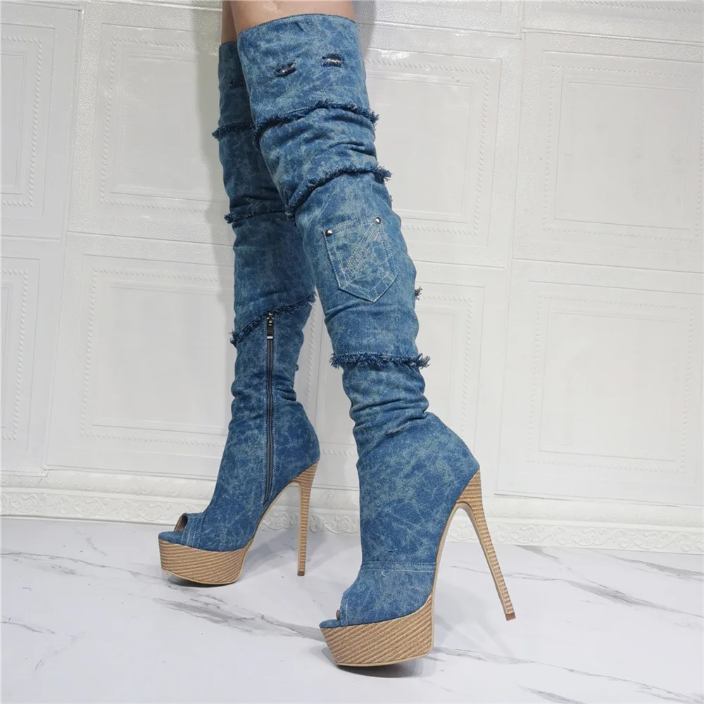 

Fashion Denim Blue Platform Cowboy Boots Women Peep Toe Over knee Boots Anunmn Sexy Runway Women Stiletto Thigh High Heels