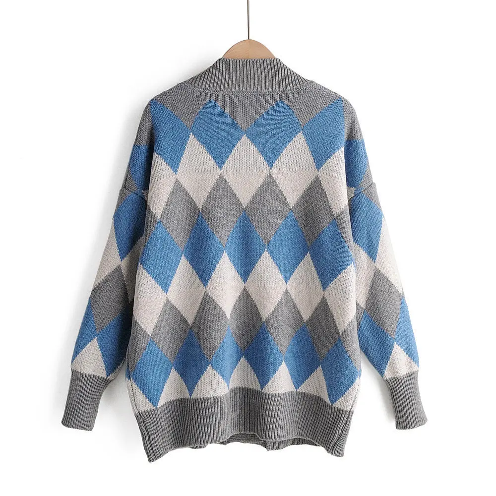 Осенний кардиган, свитер для женщин, винтажные свитера с геометрическим принтом, женский модный вязаный свитер с длинным рукавом и круглым вырезом, пальто