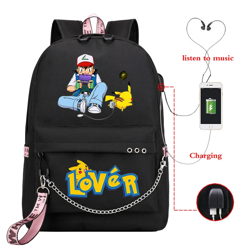 Pokemon Pikachu Backpack Women Mochila Morral School Bags Girls Usb Charge Pink Laptop Travel pikachu Kids | Багаж и сумки