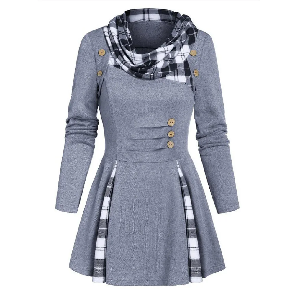 Женская толстовка с длинным рукавом, новинка, клетчатая водолазка, шотландка, туника, пуловер, Осень-зима, Модный повседневный теплый топ, блузка# M