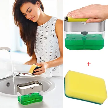 

2-in-1Sponge Rack Soap Dispenser And Sponge Caddy 13 Ounces Container Sponge Drainboard Soap Holder Rack With 2 Sponge 20JAN6