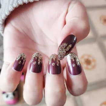 

24pcs/set Wine Red fake nails press on with Golden Glitter Round Medium oval head Artificial Nails DIY Tools with Glue