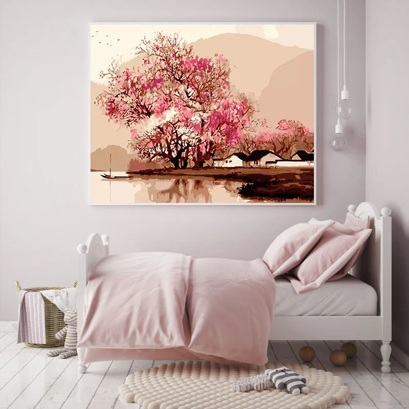 

paint by numbes art painting by numbers Sakura Fuji Mountain View handmade oil painting Pink Flower Landscape Hanging painting