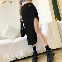 

Macheda Summer Black Asymmetrical Skirt Women Fashion Sexy Wrap Over Calf Length Skirt Lady High Waist Street Casual Slim Skirts