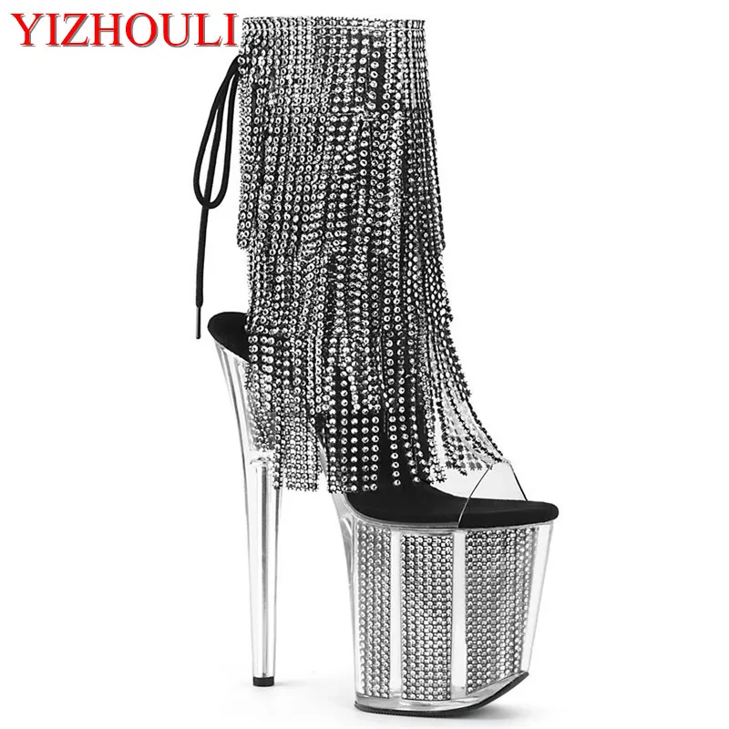Crystal soles, sexy peep-toe ankle boots, fringed vamp, shiny models use 20cm heels for party pole dancing, dancing shoes