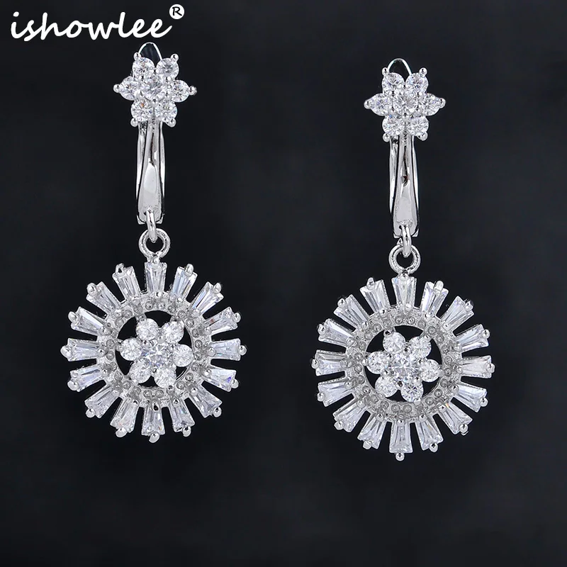 

ISHOWLEE Crystal Flower Dangle Zircon Earrings for Women Luxury Cubic Zirconia Round Drop CZ Earrings 2019 Fashion Jewelry esd08