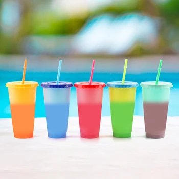 

5pcs/set Plastic Temperature Change Color Cups 700ML Reusable Color Changing Coffee Mugs Water Bottles With Straws Set Customize
