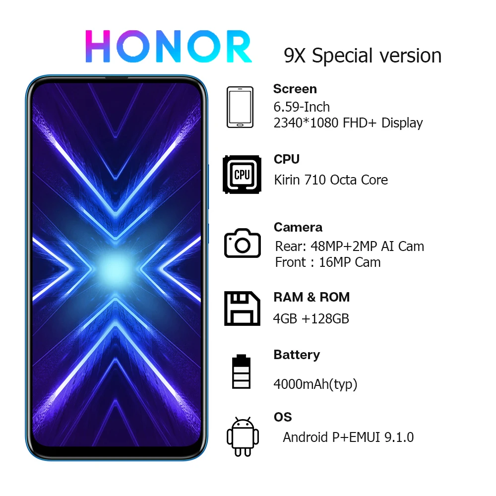 Honor 9X глобальная версия 4G128G 48MP двойная камера 6 59 ''мобильный телефон Android 9