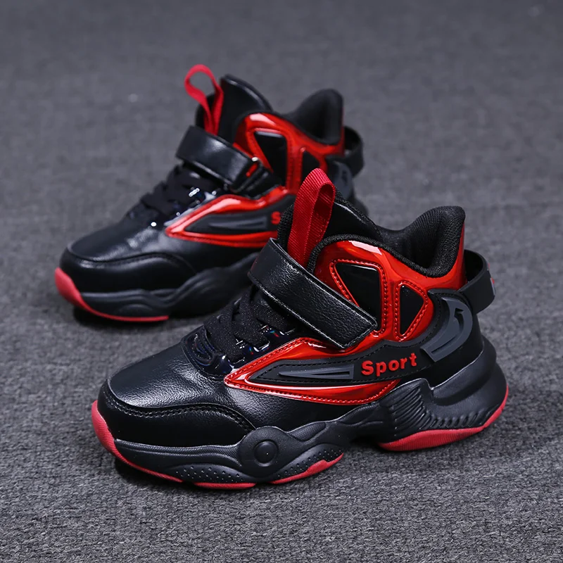 ULKNN kids leather Boy's basketball shoes basketball shoes lightweight running shoes for children big virgin leather waterproof - Цвет: black red