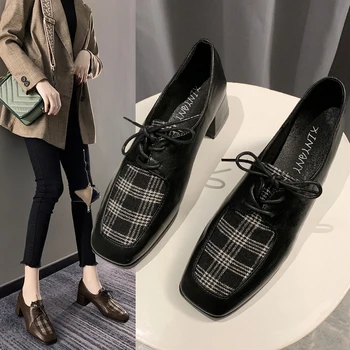 

Spring and Autumn New All-match Chunky Square Head Retro College Style Korean-Style Checkerboards Women's Shoes Lace-Up Shallow
