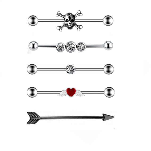Steel Skull Gold Industrial Piercing Barbell Earring 14G Cross Ear Industrial Piercing Bar Lightning Pircing Cartilage