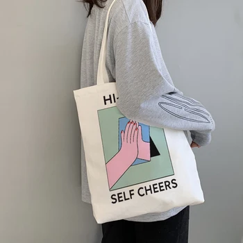 

Vintage Hi-five self cheers print fashion large-capacity summer female Ulzzang canvas ins college cute new chic shoulder bags