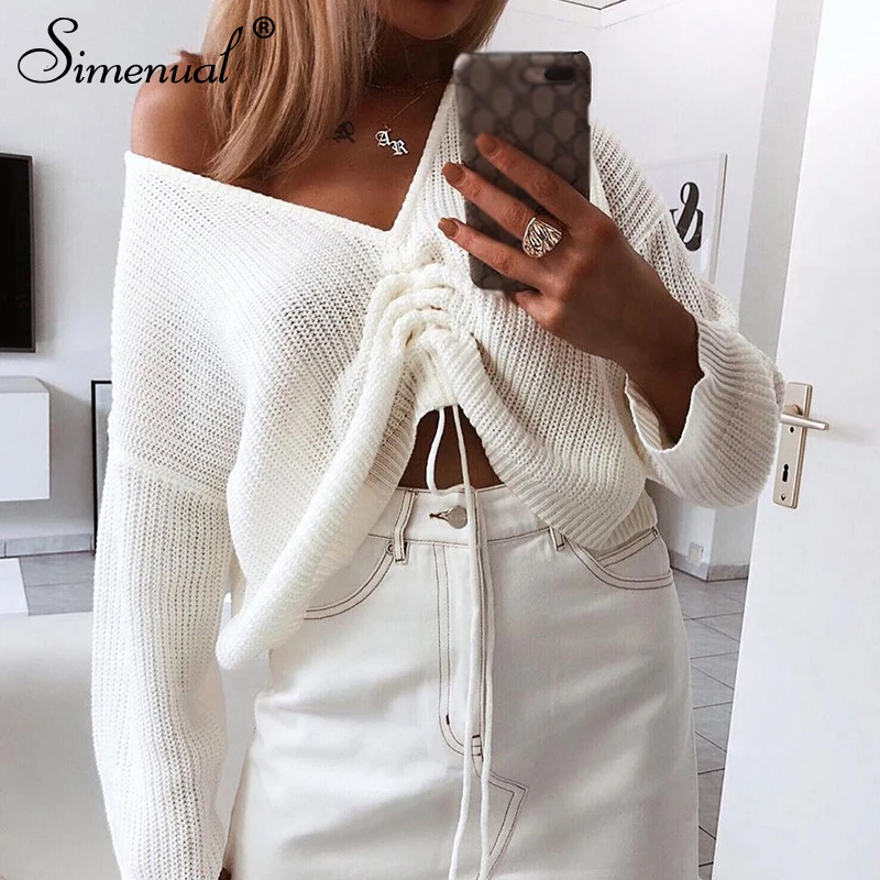 

Simenual Fashion 2019 Autumn Knitted Sweaters Women Long Sleeve Ruched Drawstring V Neck Pullovers Casual Solid Basic Jumper New