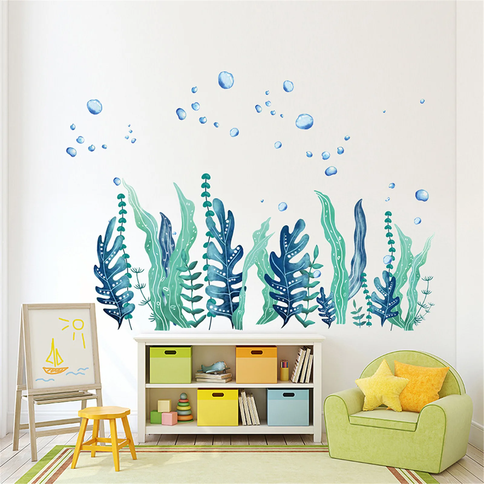Amaonm Creative Cartoon Removable 3D Under The Sea World Nature Scenery Wall Stickers Ocean Grass Colorful Seaweed Baseboard Wall Decal for Wall Corner Nursery Room Bathroom Living Room Grass 