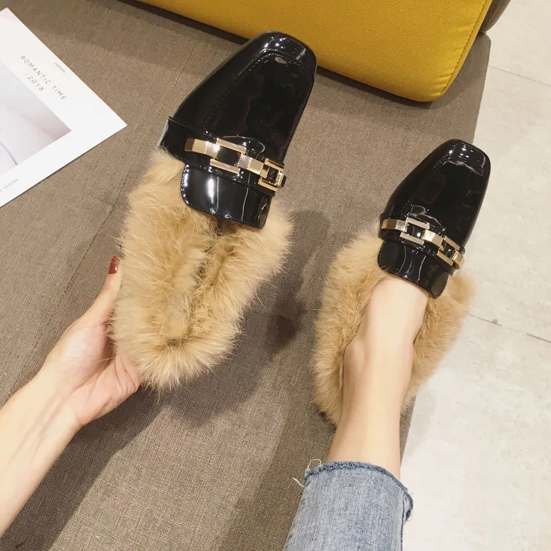 

2020 Retro Square Toe Slop On British School Warm Real Fur Pretty Girls Genuine Leather Low Heels Art Concise Style Pumps