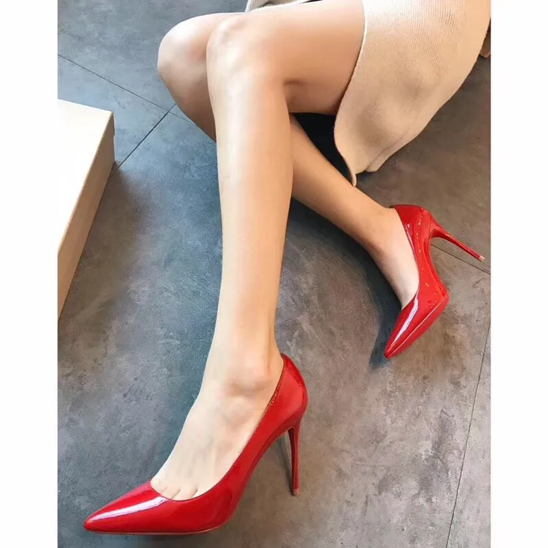 Новинка года; Роскошные брендовые туфли высокого качества на высоком каблуке; женские кожаные туфли-лодочки; свадебные туфли; модная пикантная женская обувь; классические черные туфли - Цвет: red 10.5cm heel