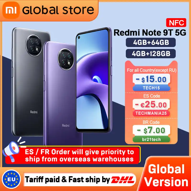 Global Version Xiaomi Redmi Note 9T 5G 4GB 64GB /128GB smartphone Dimensity 800U NFC 5000mAh 48MP Camera