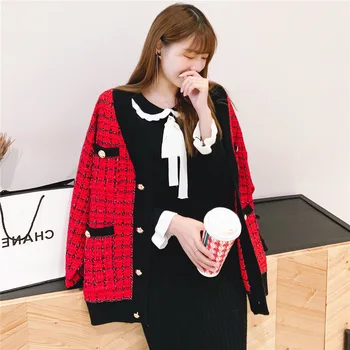 

Women Autumn Sweater Jacket Oversized Knitted Cardigans Loose Plaid Jumpers Korean Clothing Robe Long Coat sueter feminino