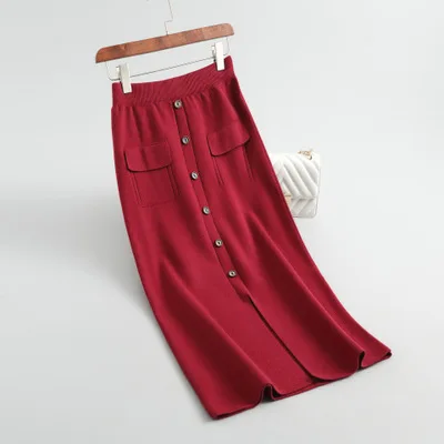 wine red Высокая талия длинная Зимняя юбка для женщин Мода Карманы вязать макси юбка Женский абрикосовый черный юбки-пачки jupe - Цвет: wine red