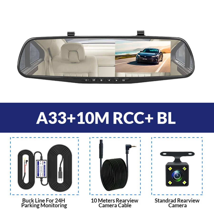 E-ACE Автомобильная Dvr камера FHD 1080P Dash Cam 4,3 дюймов зеркало заднего вида видео регистратор с камерой заднего вида видеокамера Авто Регистратор - Название цвета: A33-10M RCC-BL