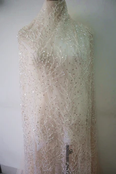 

heavy beaded light champagne bridal lace fabric, beads sequined embroidered lace fabric, embroidery bridal lace fabric