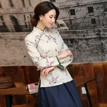 

2020 Spring Autumn Long Sleeve Traditional Chinese Clothing Woman Cheongsam Blouse Shirt Cotton Linen Qipao Tops Tang Costume