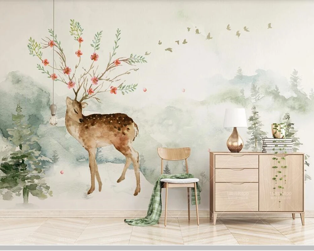 Настенные 3D-обои Papel de pared рисунок акварели лося настроения пейзажа птицы для