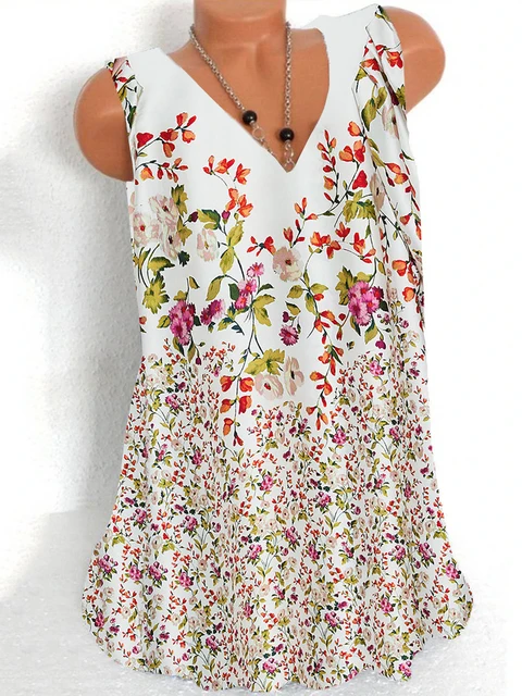 Fashion printing large size women T-shirt V-neck sleeveless vest casual ladies T-shirt women tops 15