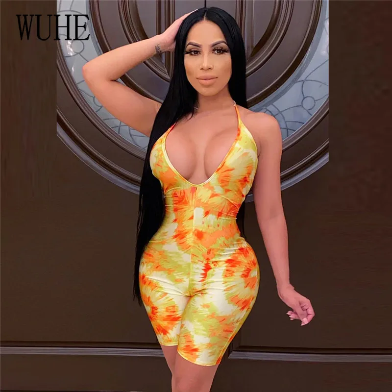 

WUHE Women Tie Dye Print Jumpsuit Lace Up Open Back Bodysuit Sexy V-neck Summer Romper Hollow Out Club Party Playsuits Overalls