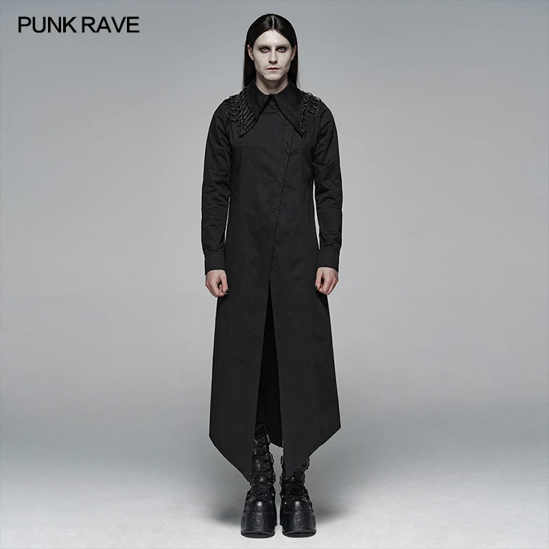 

PUNK RAVE Mens Gothic Dark Chinese Style Long Shirt Micro-elastic Twill Shirt Asymmetrical Collar Party Stageperformance Costume