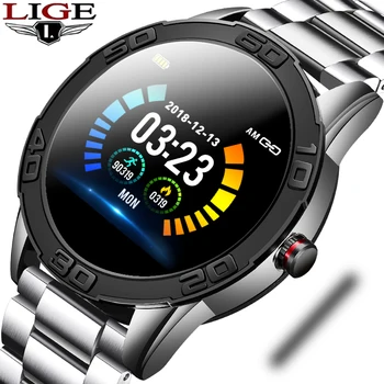 

LIGE New Steel Belt Smart Watch Men Fitness Tracker IP67 Waterproof Heart rate blood pressure monitor Pedometer For Android IOS
