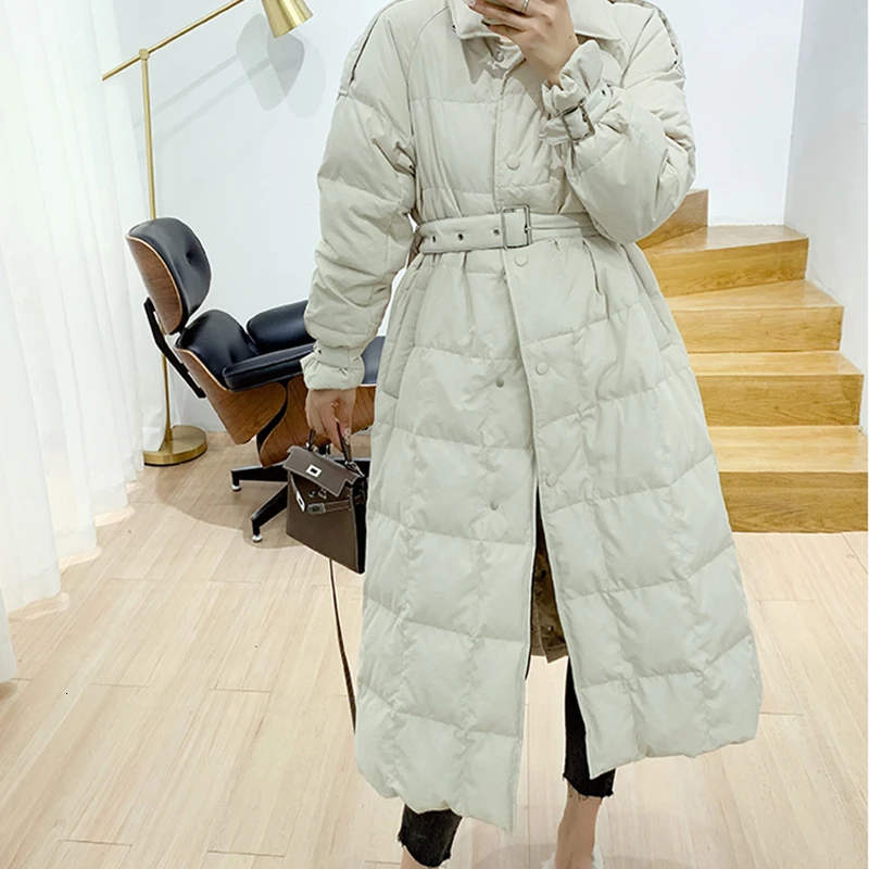 Теплое пуховое пальто для женщин OL зимняя женская Куртка парка Женская свободная длинная белая куртка на утином пуху женская верхняя одежда с поясом YRF64