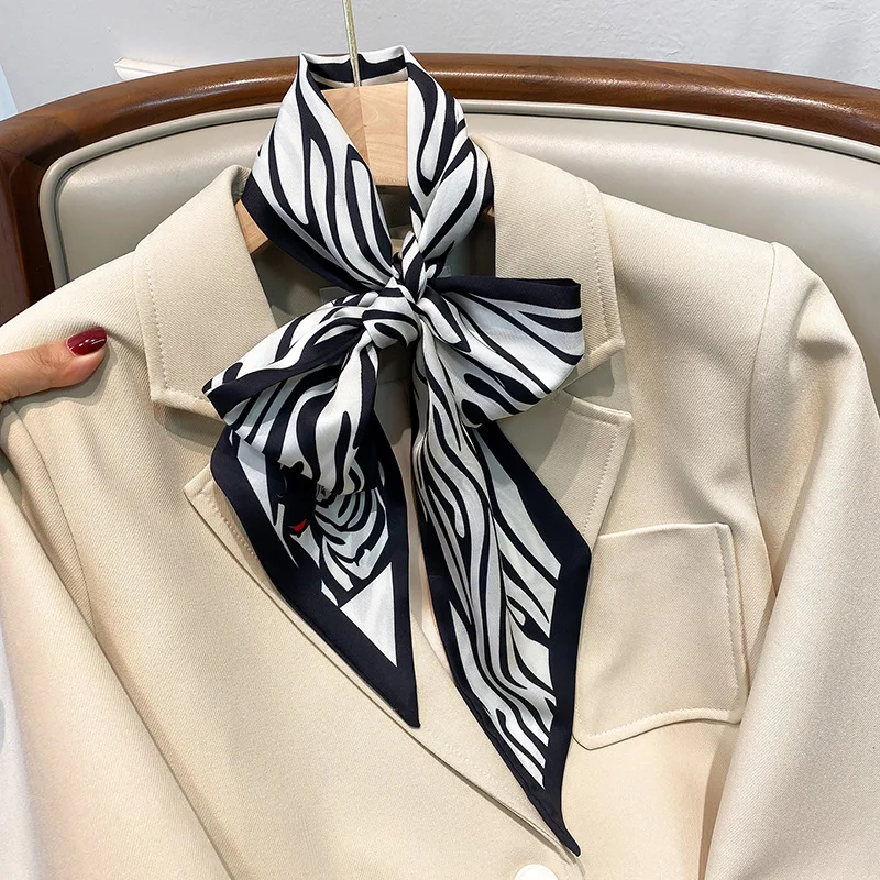 

Choice Spring Small Twill Imitation Silk Neck Scarf For Women Female Hair Zebra Houndstooth Printing Narrow Tied Travel Scarf