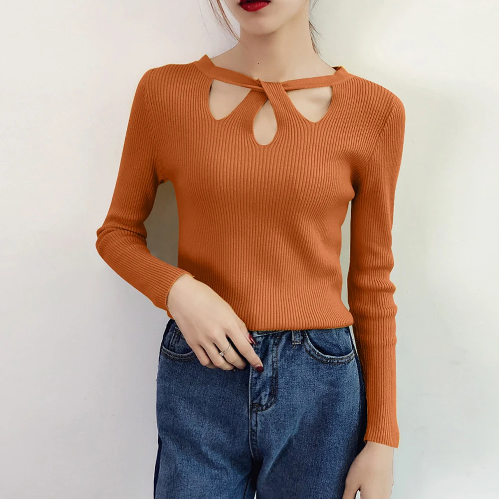 

Knitted Sweater Pullovers Women Long Sleeve Slim Female Jumper Knit Tops Stretch Casual Women Sweater
