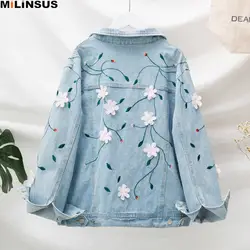 2019 новая джинсовая куртка большого размера Женская Вышивка цветок Свободная винтажная уличная женская джинсовая куртка пальто осенняя