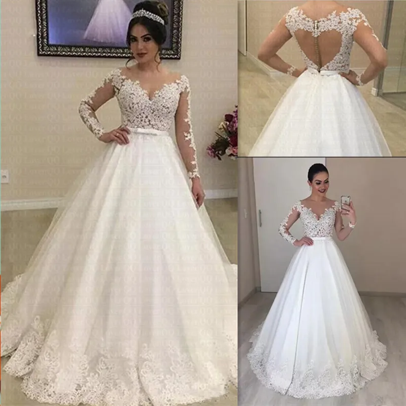 Длинные рукав с накладной аппликацией Vestido De Noiva потрясающее кружевное с открытой спиной свадебное платье бант свадебное бальное платье, свадебное платье