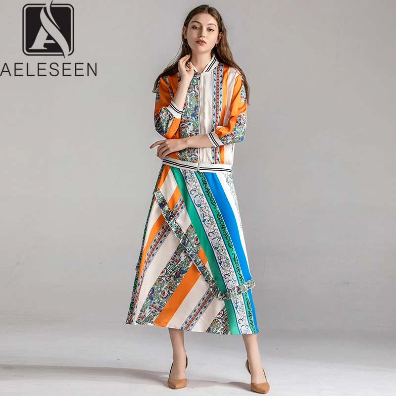 

AELESEEN New Arrival 2019 Autumn Casual Twinset Women Three-Quarter Sleeve Striped Jacket + Luxury Ruffle Floral Print Skirt Set