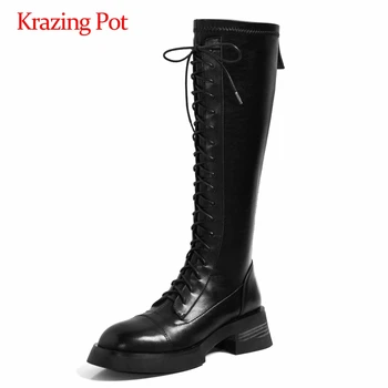 

Krazing pot equestrian boots natural leather cross-tied handmade round toe thick med heel back zip coolest knee-high boots L8f2