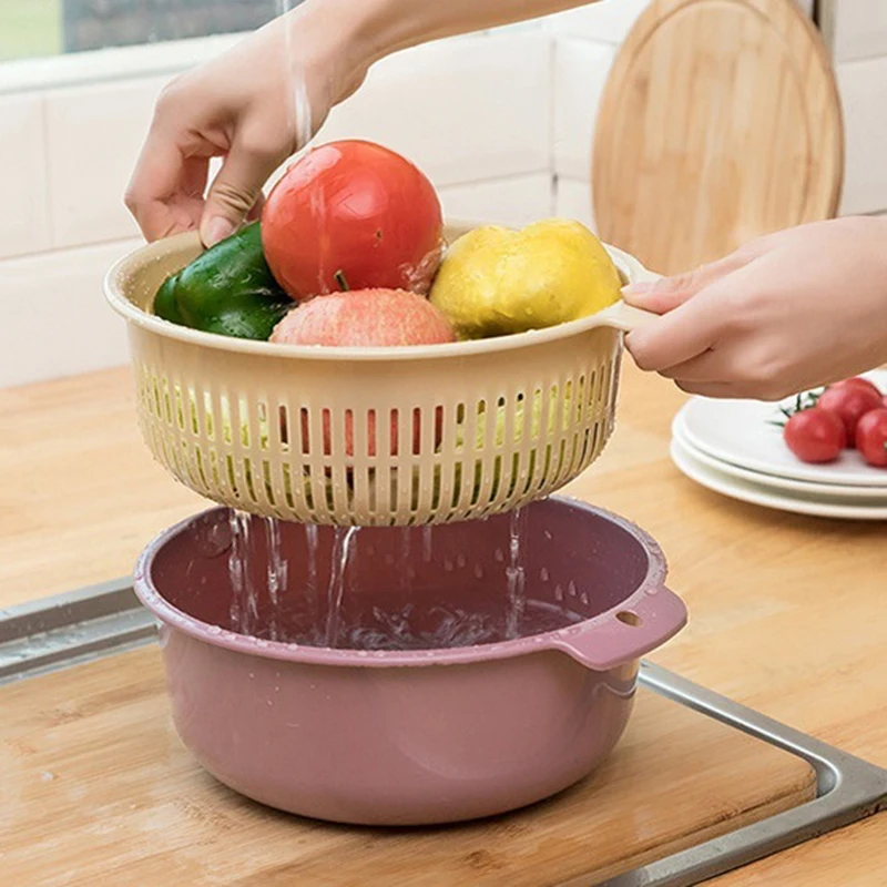 

Plastic Double-layer Washing Vegetables Basket Portable Drip Basket Simple Style Home Multi-purpose Storage Box Kitchen Tools