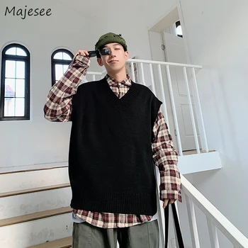 

Waistcoat Men Plus Size V-neck Solid Simple All Match Mens Vest Korean Fashion Clothing Autumn Trendy Sleeveless Casual Vests