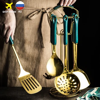 

Nordic style Stainless Steel Cookware Kitchenware Sets kitchen Tools Ceramic Handle Hook Up Storage Luxury Metal Shovel Spoon