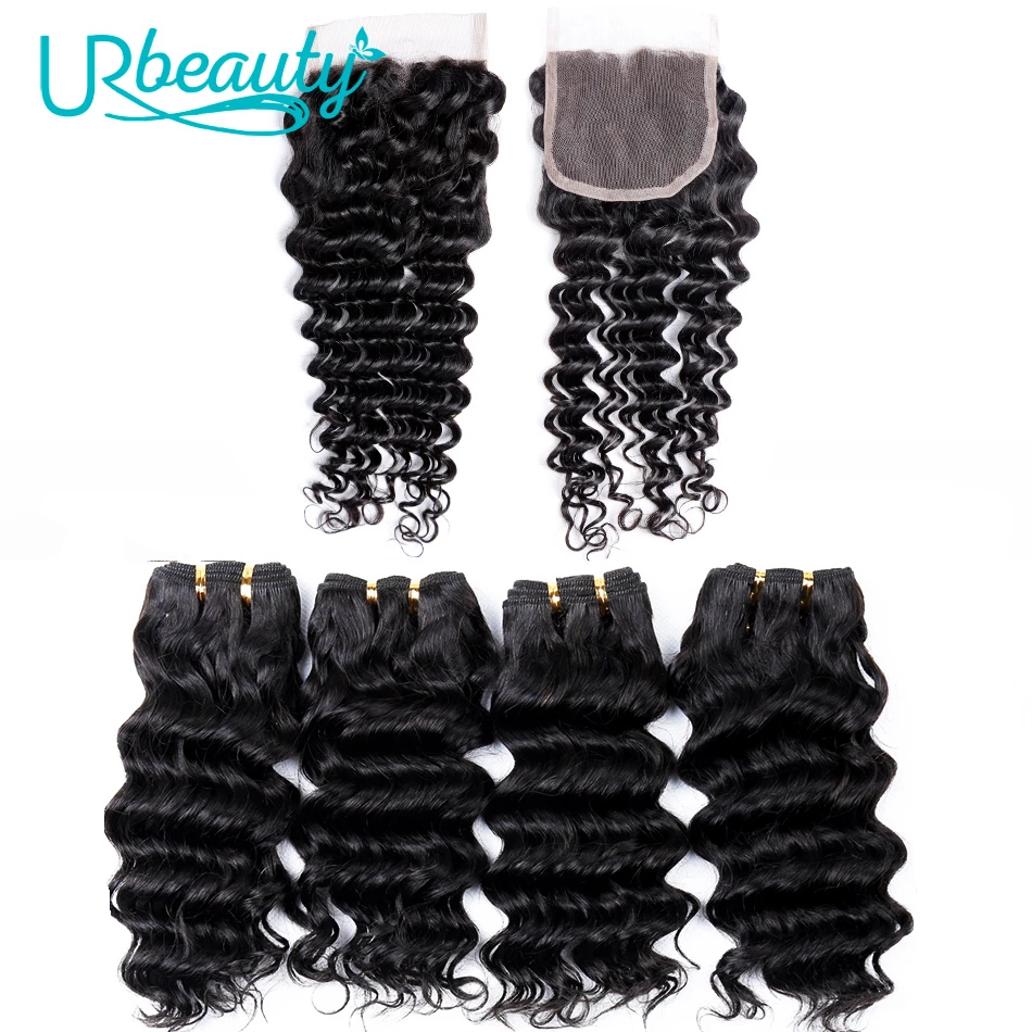 

50g/pc Deep Wave Bundles With Closure Brazilian Human Hair Bundles With Closure Free Part Closure UR Beauty Remy Hair