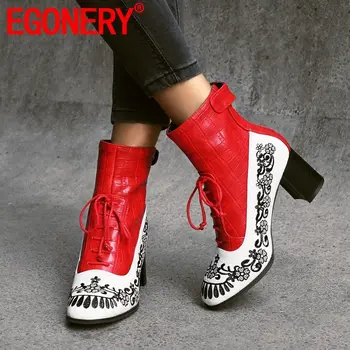 

EGONERY fashion booties winter Sexy flower pattern ankle boots pu leather 7cm high heels women's shoes red blue black