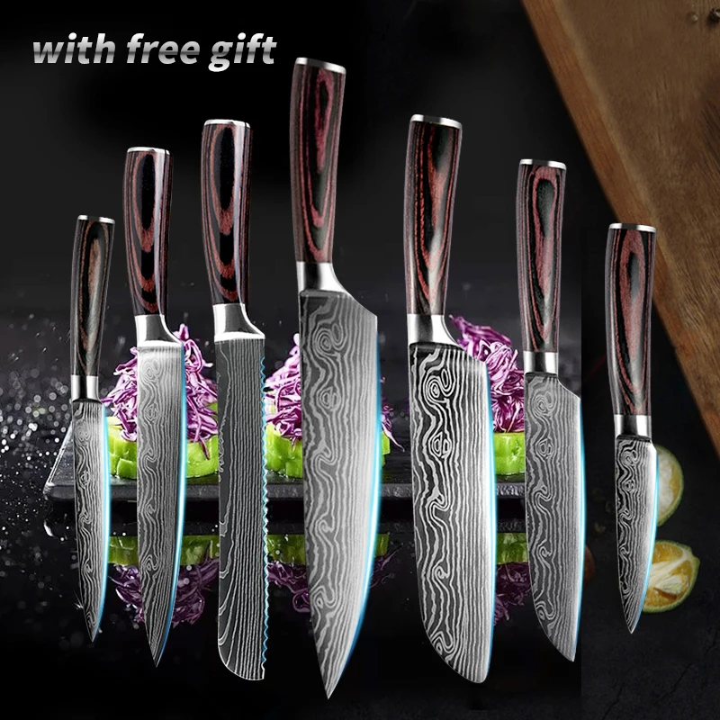 Кухонный нож xyj набор 7 шт. набор кухонных ножей острый нож для нарезки лазером Дамасская сталь Santoku кухонные ножи поварской набор ножей