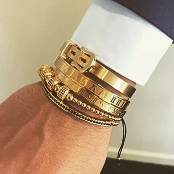 

4pcs/Set Hot Men Titanium Steel Roman Numeral Bracelet Horseshoe Buckle Bangles Pulseira Bileklik Luxury Jewelry